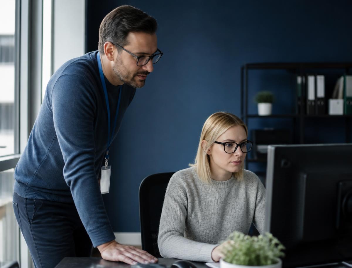 An IT professional helping a small-business employee at her desk